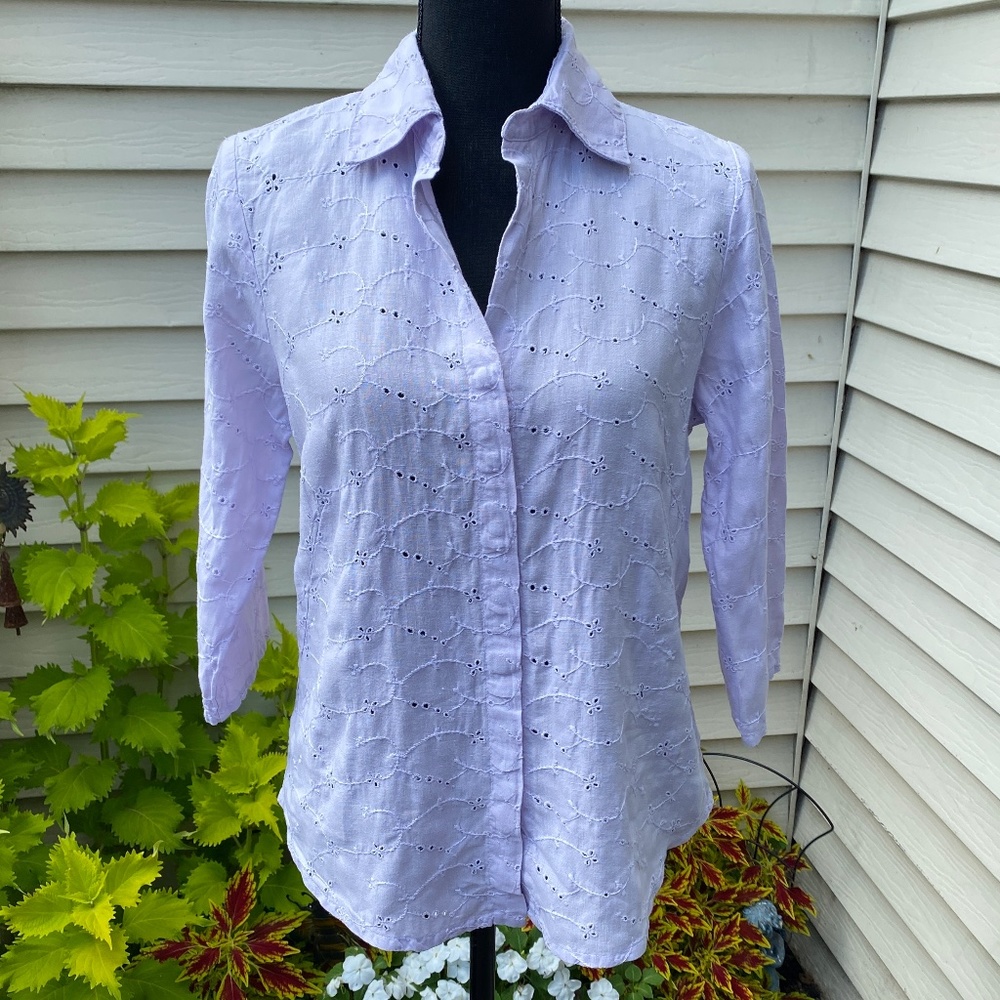 JOHNNY WAS Lavender Eyelet Blouse, Size Medium